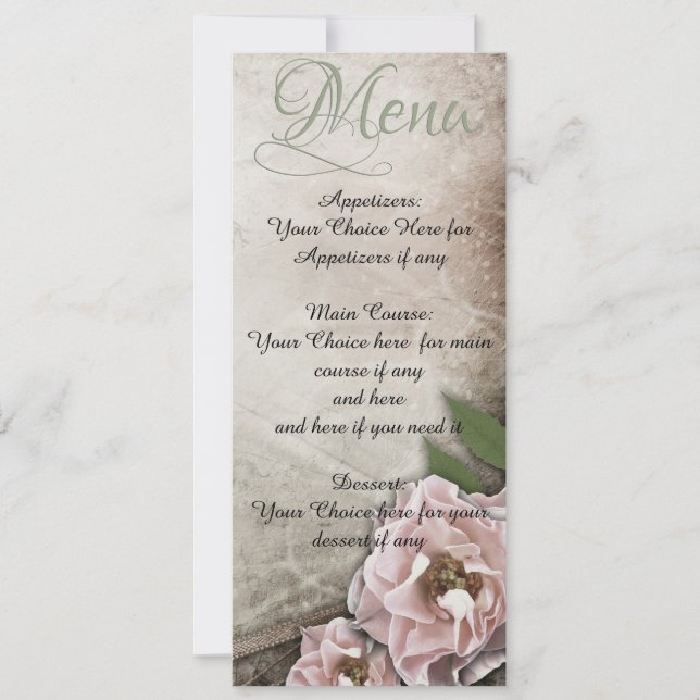 Convites Cardápio de casamento com rosas cor-de-rosa vintag (Frente)