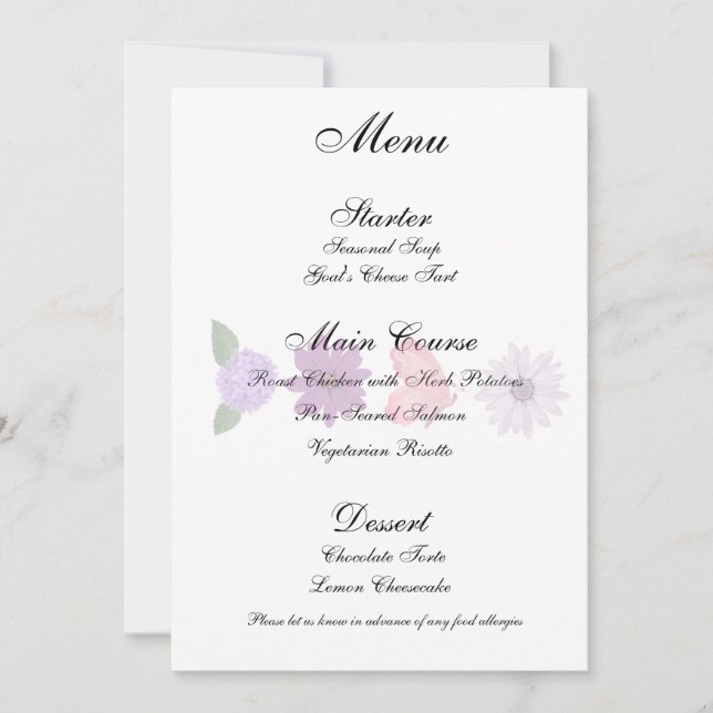 Convites Cardápio de Casamento de Flores Silvestres e Borbo (Frente)