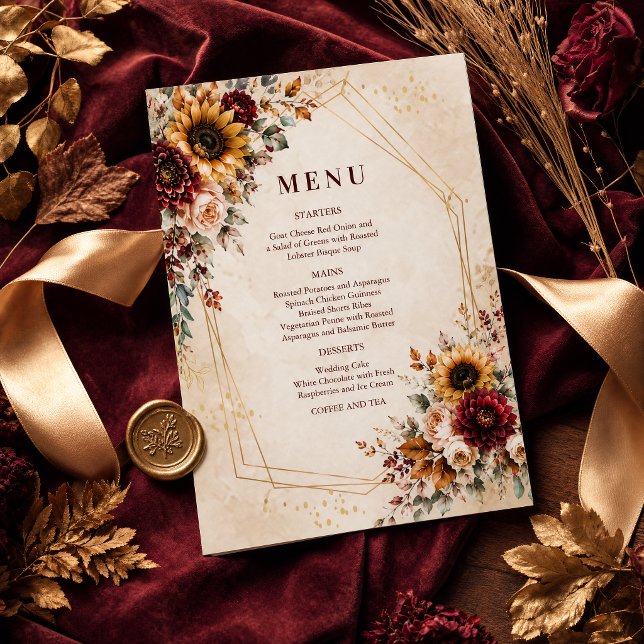 Convites Cardápio de Casamento de Girassol de Borgonha de O (#weddingmenu #weddinginvitation #autumndinner #sunflowersinvitation #burgundymenu #menuinvitation)