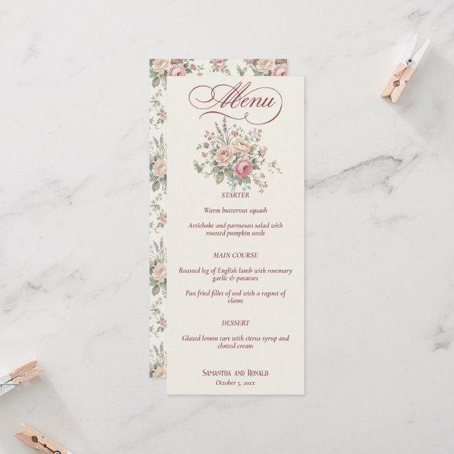 Convites Cardápio de Casamento Elegante Rosas Pastel Chic D (Frente/Verso In Situ)