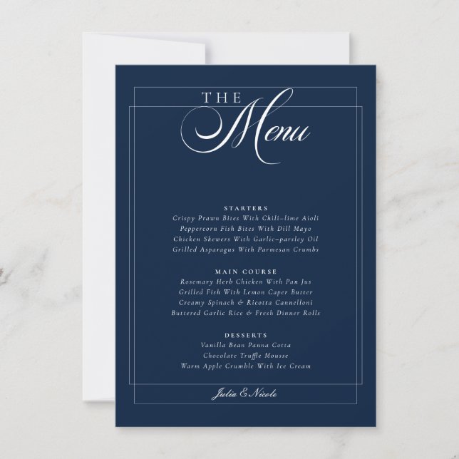 Convites Cardápio de Casamento em Azul Naval Clássico com C (Frente)