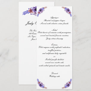 Convites Cardápio de Casamento Floral em Aquarela Roxo e Az