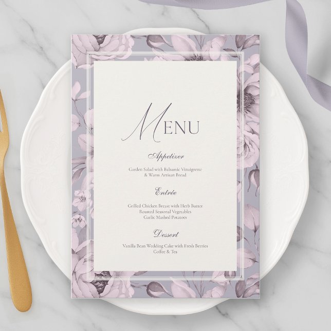 Convites Cardápio de Casamento Floral Lavanda Cinza (Criador carregado)