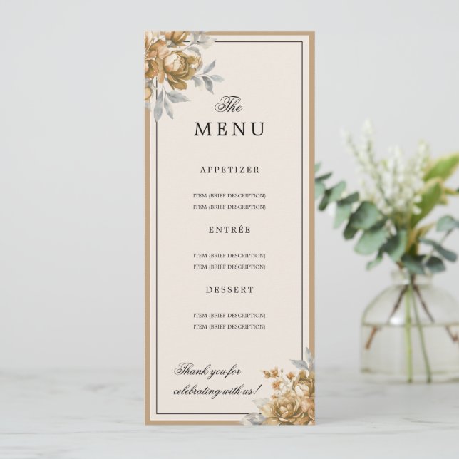 Convites Cardápio de Casamento Floral Rústico Natural em Ou (Em pé/Frente)
