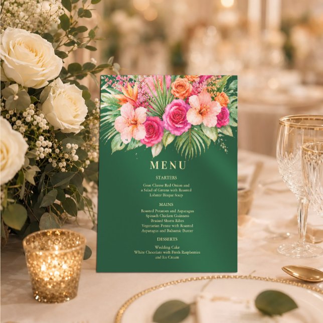 Convites Cardápio de casamento floral tropical Colorido (#menuinvitation #pinkorangeinvitation #watercolorflowerstropical #weddingmenu #weddingsummer)