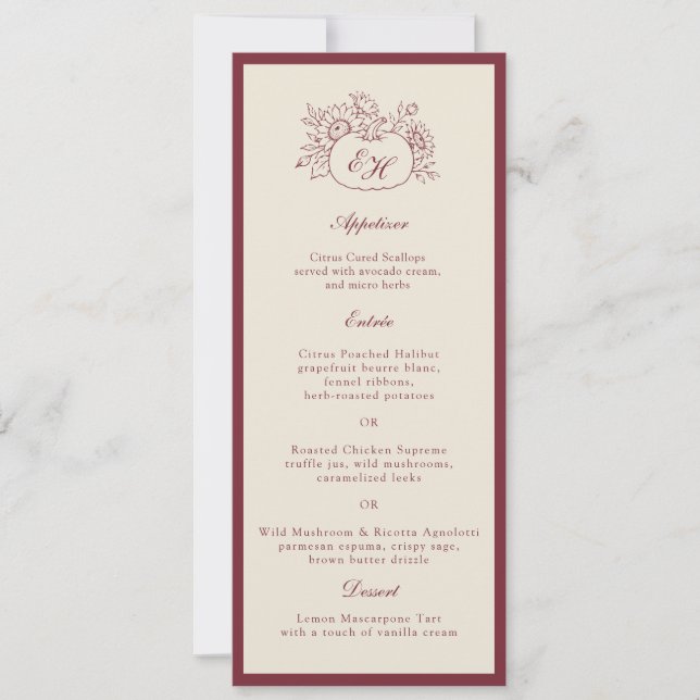 Convites Cardápio de Casamento Formal Abóbora Borgonha (Frente)