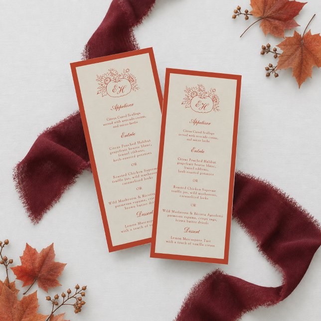 Convites Cardápio de casamento longo com monograma de abóbo (Criador carregado)