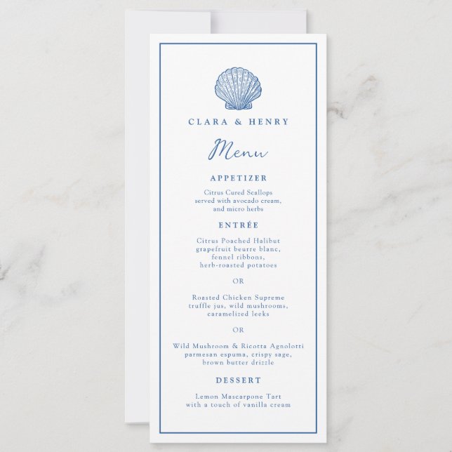 Convites Cardápio de Casamento Longo French Blue Seashell (Frente)
