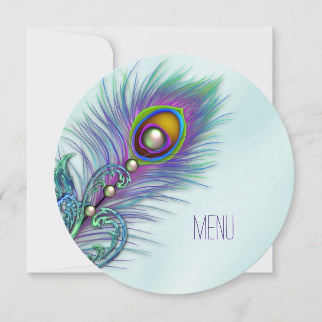 Convites Cardápio de Casamento Pavão Azul Turquesa e Roxo (Frente)