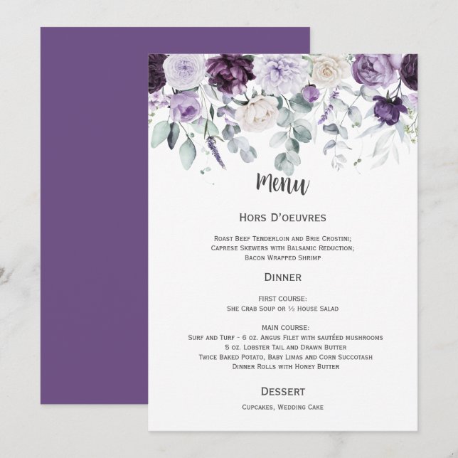 Convites Cardápio de Casamento Roxo Escuro, Lavanda, Branco (Frente/Verso)