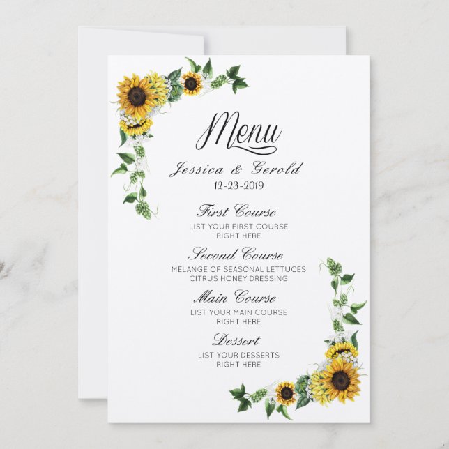 Convites Cardápio de Casamento Rústico de Girassóis Amarelo (Frente)