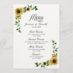 Convites Cardápio de Casamento Rústico de Girassóis Amarelo