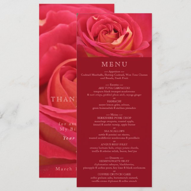 Convites Cardápio de Celebração de Aniversário Rosa (Frente/Verso)