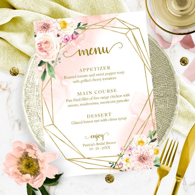 Convites Cardápio de Chás de Noiva Floral Rosa Dourado (Criador carregado)