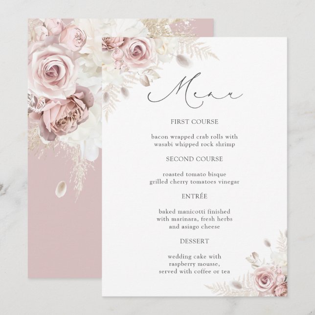 Convites Cardápio de Detalhes de Casamento de Rosas Florais (Frente/Verso)
