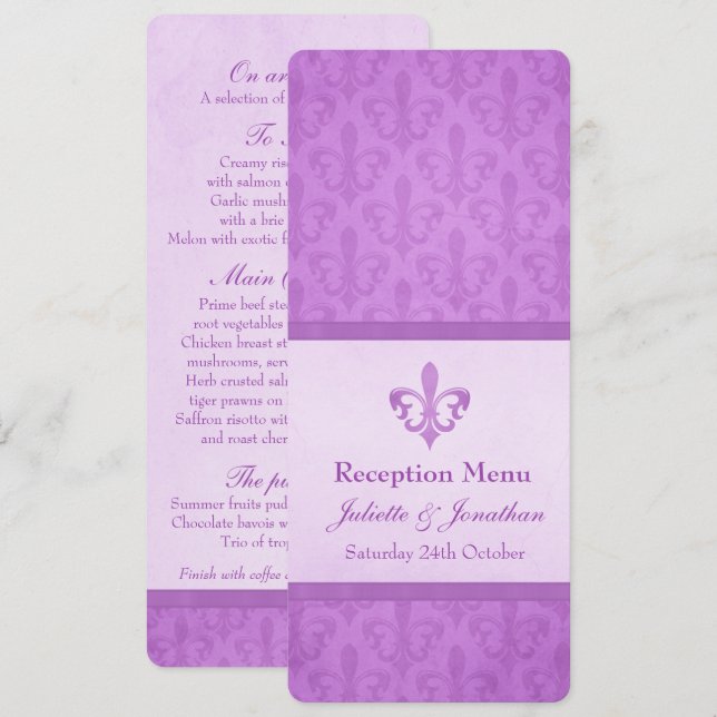 Convites cardápio de jantar da recepção de casamento Purple (Frente/Verso)