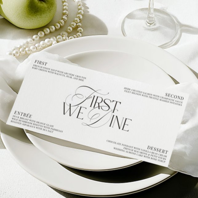 Convites Cardápio de Jantar de Casamento Preto e Branco Ele (Elegant Black & White Wedding Dinner Menu)