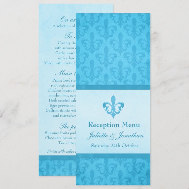 Convites cardápio de jantar de recepção de casamento Blue F (Frente/Verso)