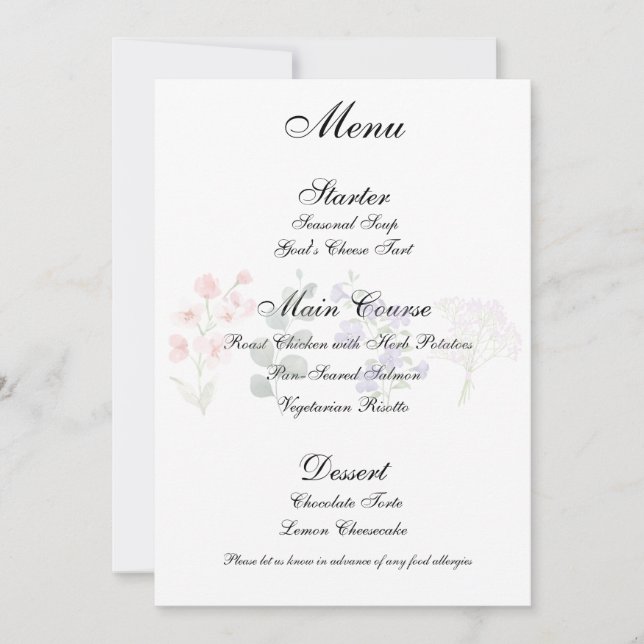 Convites Cardápio de Recepção de Casamento Boho com Flor Si (Frente)