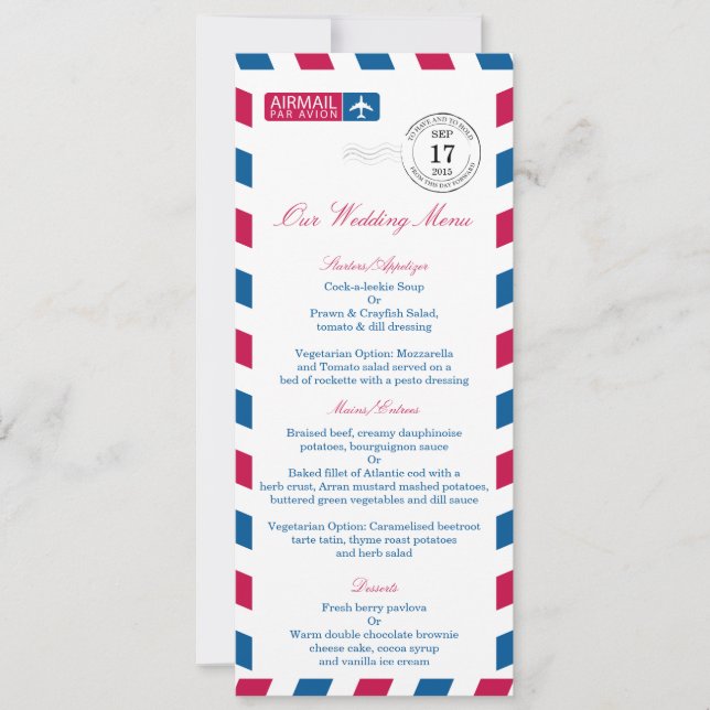 Convites Cardápio de Recepção de Casamento Correio Aéreo (Frente)