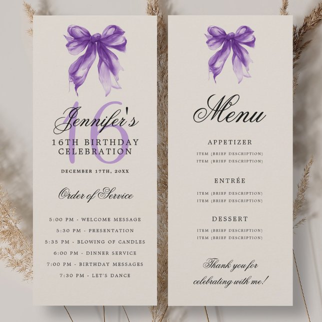 Convites Cardápio do Programa de Aniversário de 16 Anos com (Elegant Purple Bow 16th Birthday Program Menu)