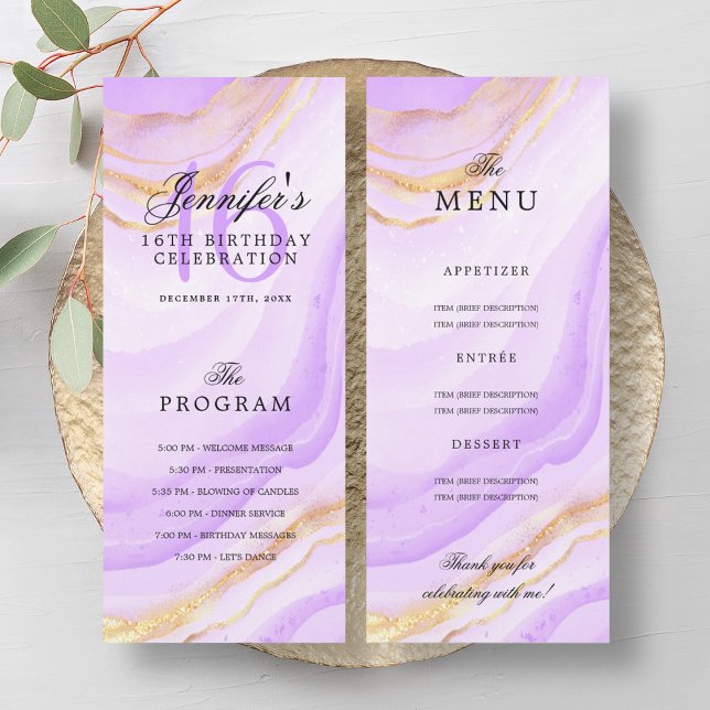 Convites Cardápio do Programa de Aniversário de 16 anos Pur (Purple Marble 16th Birthday Program Menu )