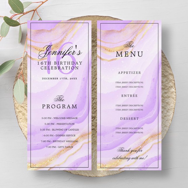 Convites Cardápio do Programa de Aniversário de 16 anos Pur (Purple Marble 16th Birthday Program Menu )