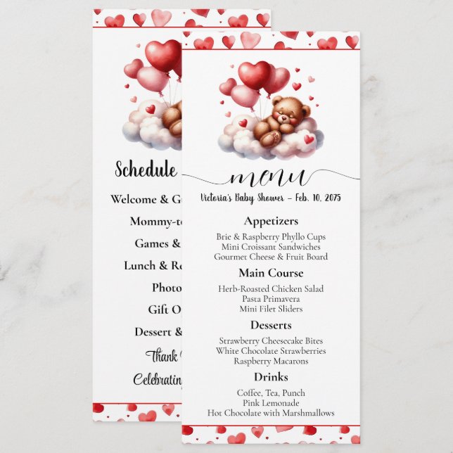 Convites Cardápio e Programa do Chá de Bebê do Ursinho do D (Frente/Verso)