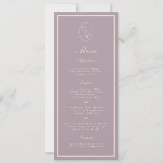 Convites Cardápio Longo de Casamento com Monograma Mauve El (Frente)