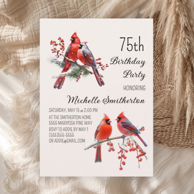 Convites Cardeais Neve Pássaros de inverno Berries 75º aniv (Red cardinals 75th birthday party invitation)