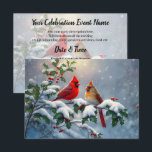 Convites Cardeais vermelhos e Holly na neve<br><div class="desc">Um par de cardeais vermelhos nortes perch em um galho sagrado coberto de frutas vermelhas e neve.</div>