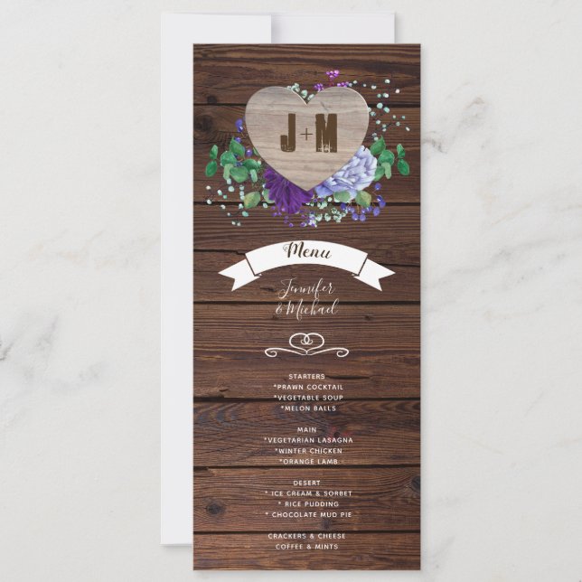 Convites Cardíaco Russo Menu Casamento Azul Flores de Aquar (Frente)