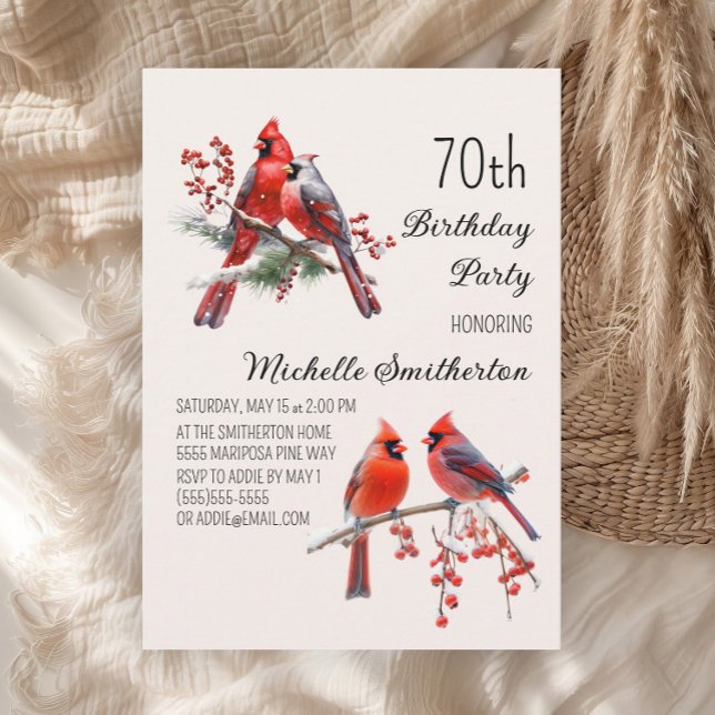 Convites Cardinals Snow Winter Birds 70 Birthday (Red cardinals 70th birthday party invitation)