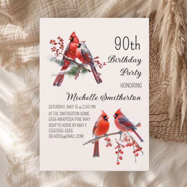 Convites Cardinals Snow Winter Birds 90 Birthday (Red cardinals women's 90th birthday party invitation)
