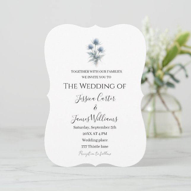 Convites Cardo Azul Casamento Simples Escócia Escocesa (Em pé/Frente)
