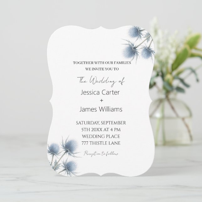 Convites Cardo Azul Casamento Simples Escócia Escocesa (Em pé/Frente)