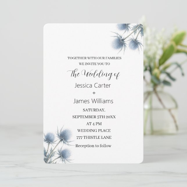 Convites Cardo Azul Escocês Casamento Simples (Em pé/Frente)