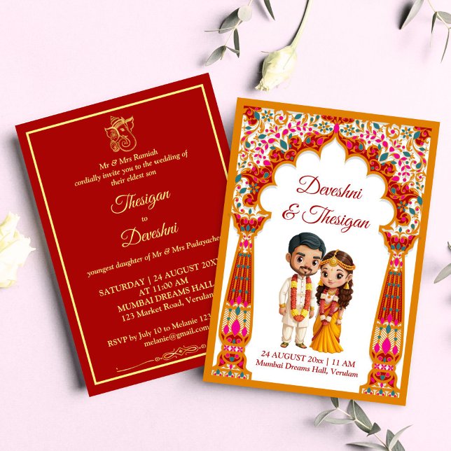 Convites Caricatura bonitinha do casamento da Índia do Sul  (Tamil South Indian wedding cute caricature traditional bridal couple Invitation template download)