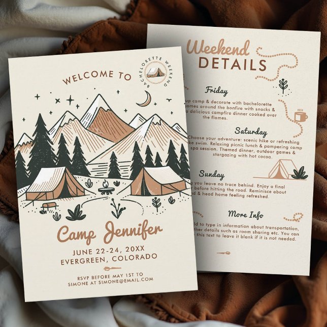 Convites Carimbo de acampamento de campo Festa de solteira  (camp bachelorette invitation itinerary earthy terracotta bach camping glamping 3-day weekend)