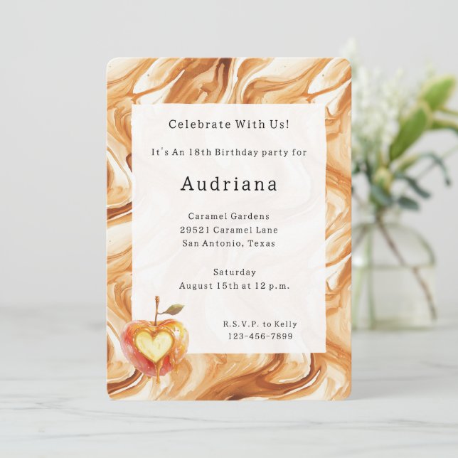 Convites Carmel Cream Heart Apple Caramel Birthday  (Em pé/Frente)