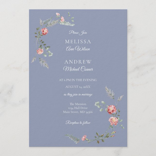 Convites Carnations and Blue Wedding Invitation Suite (Frente)
