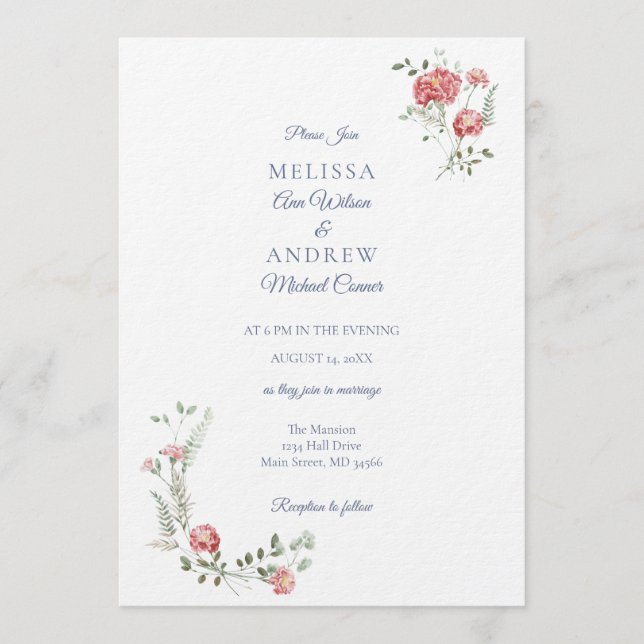 Convites Carnations and Blue Wedding Invitation Suite (Frente)