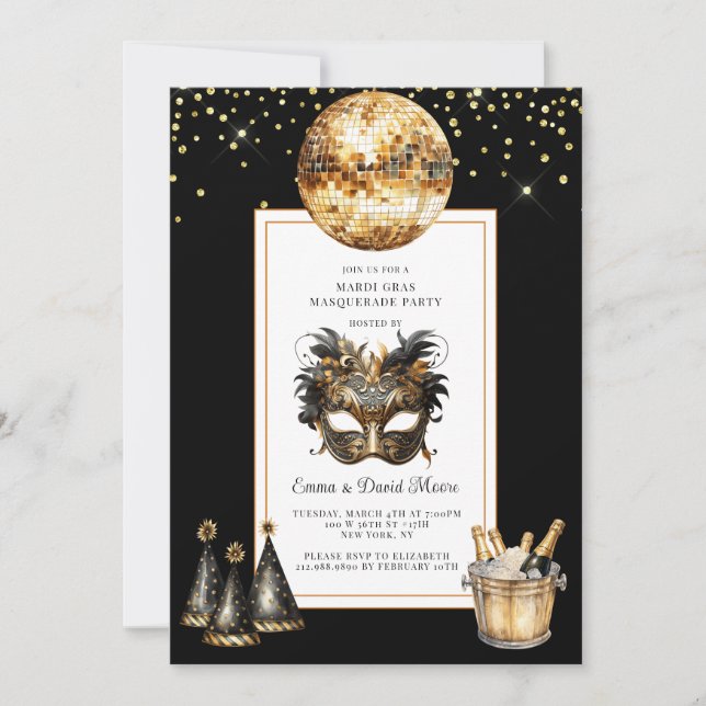 Convites Carnaval 2026 Brilho Dourado Preto (Frente)