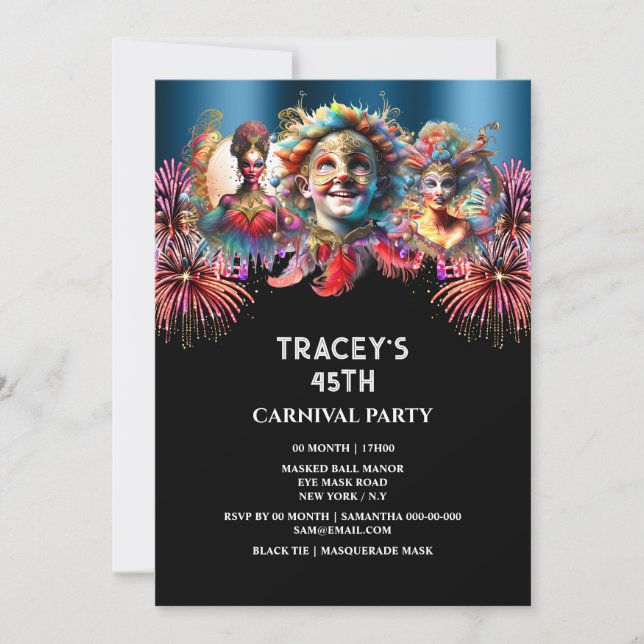 Convites Carnaval noturno fogos de artifício mascarada azul (Frente)