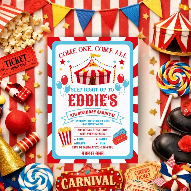 Convites Carnival Birthday Invitation, Circus Invitation  (Criador carregado)