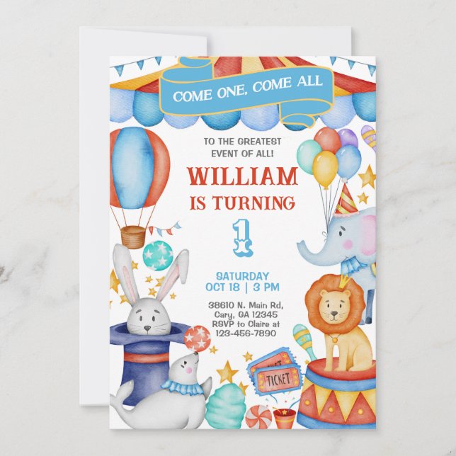 Convites Carnival / Circus blue boy birthday invitation. (Frente)