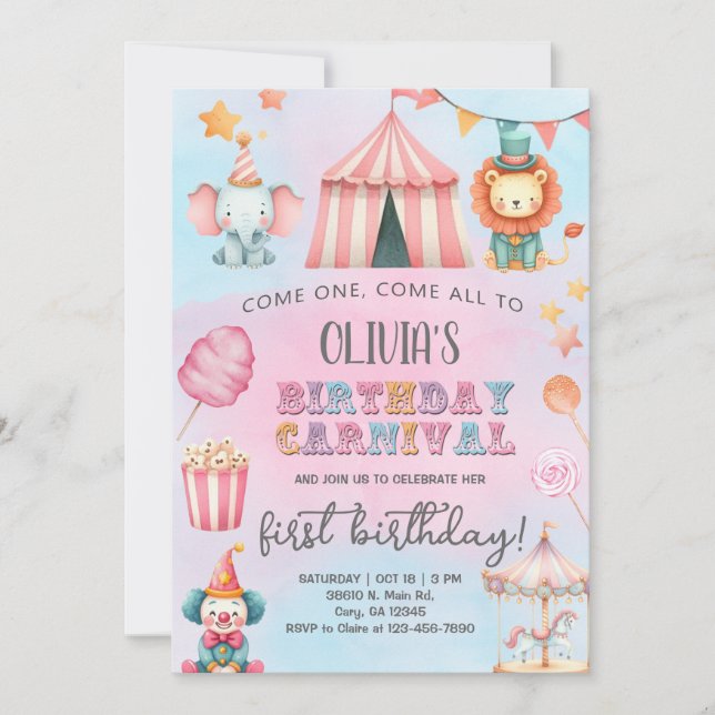 Convites Carnival / Circus pink girl birthday invitation. (Frente)