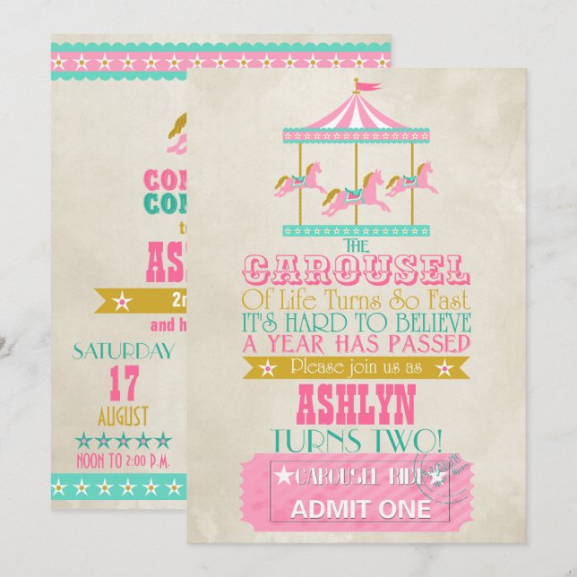 Convites Carousel Birthday (Frente/Verso)