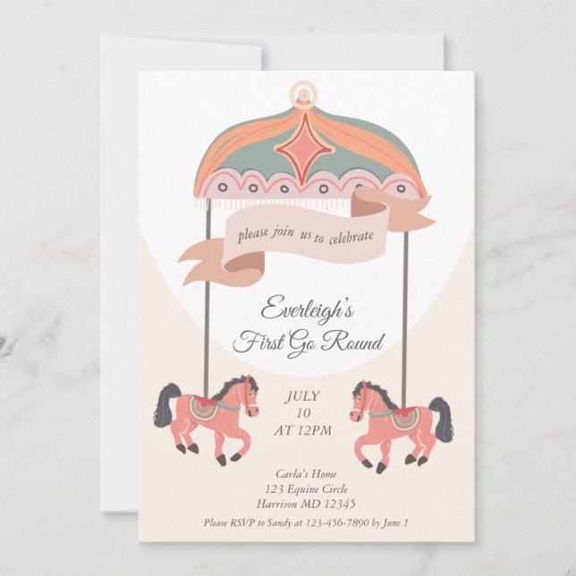 Convites Carousel Horse Go Round First Birthday  Invitation (Frente)