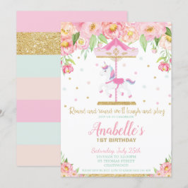 Convites Carousel Unicorn primeiro aniversario Rosa